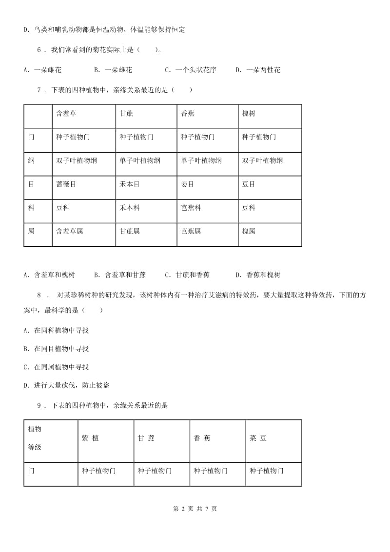 人教版（新课程标准）八年级下册生物同步练习题 13.1生物的分类_第2页