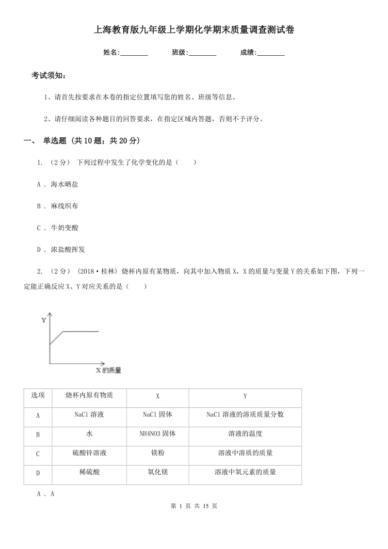 上海教育版九年级上学期化学期末质量调查测试卷_第1页