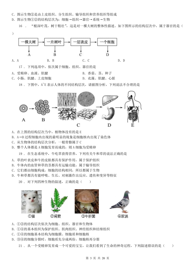 2019版浙教版七年级上册练习《2.3 生物体的结构层次》科学试卷C卷_第3页