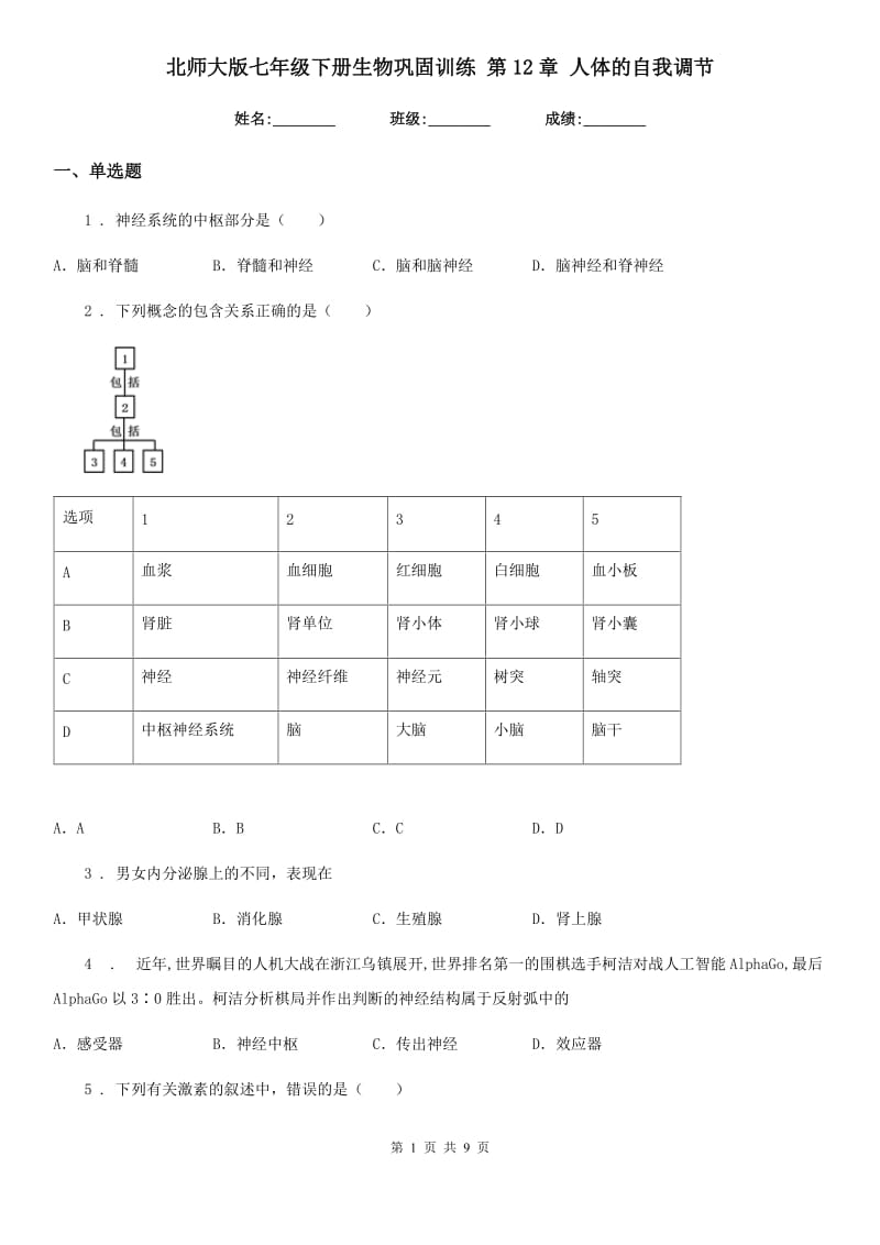 北师大版七年级下册生物巩固训练 第12章 人体的自我调节_第1页