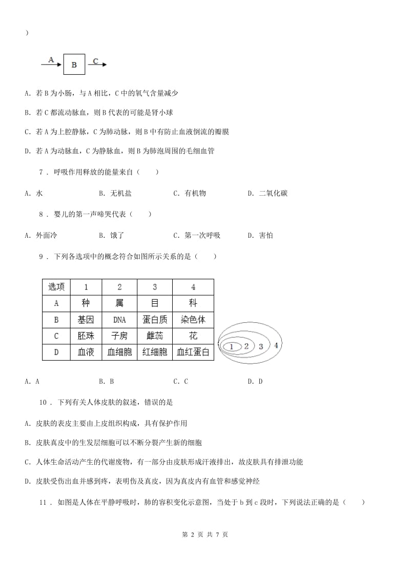 人教版（新课程标准）2019-2020学年七年级下学期期中生物试题A卷_第2页