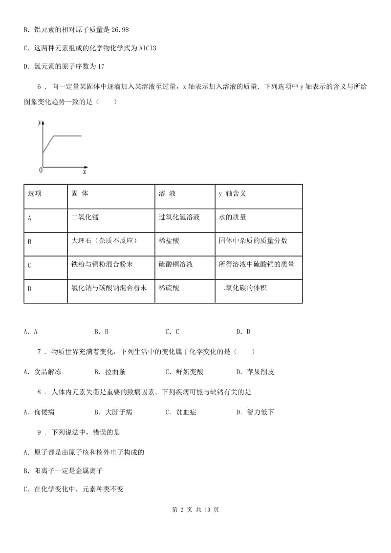 人教版2019-2020学年九年级第一学期期中考试化学试题A卷(模拟)_第2页