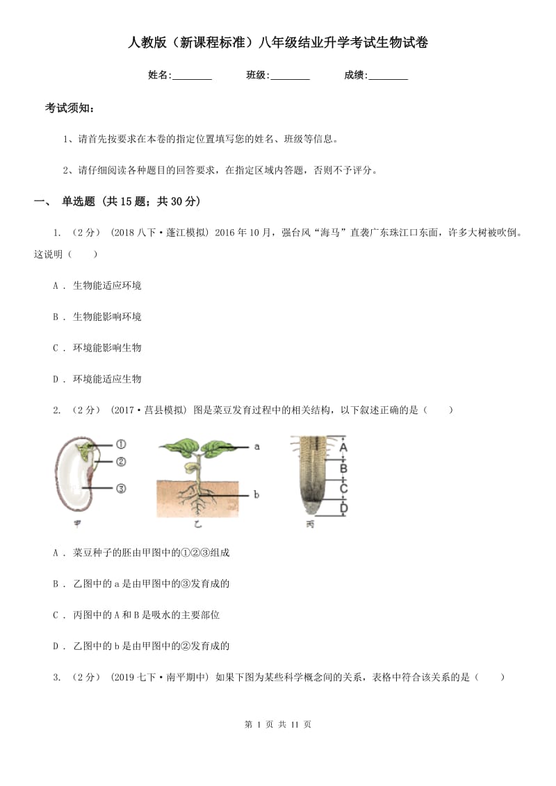 人教版（新课程标准）八年级结业升学考试生物试卷_第1页