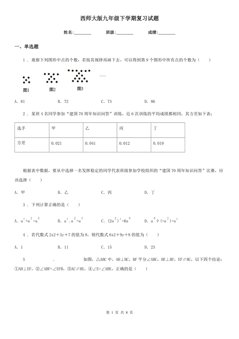 西师大版九年级数学下学期复习试题_第1页