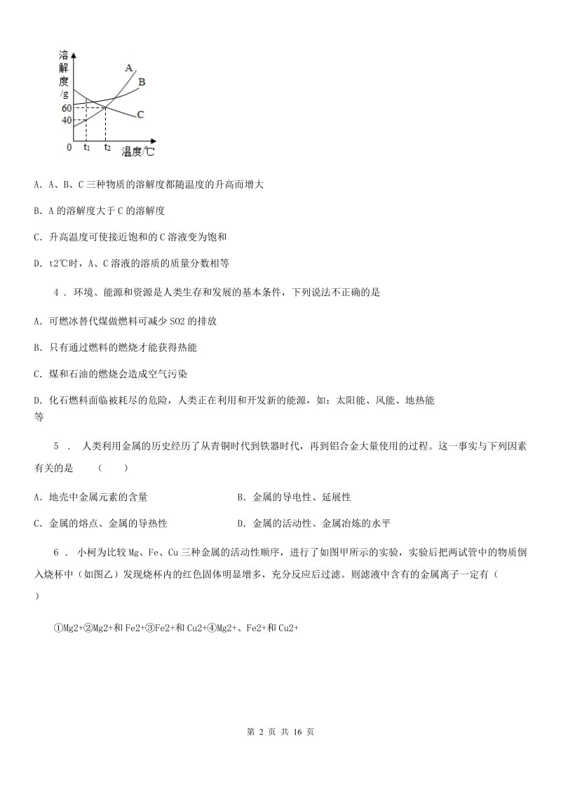 人教版2020年（春秋版）九年级下学期4月统一模拟考试化学试题C卷_第2页