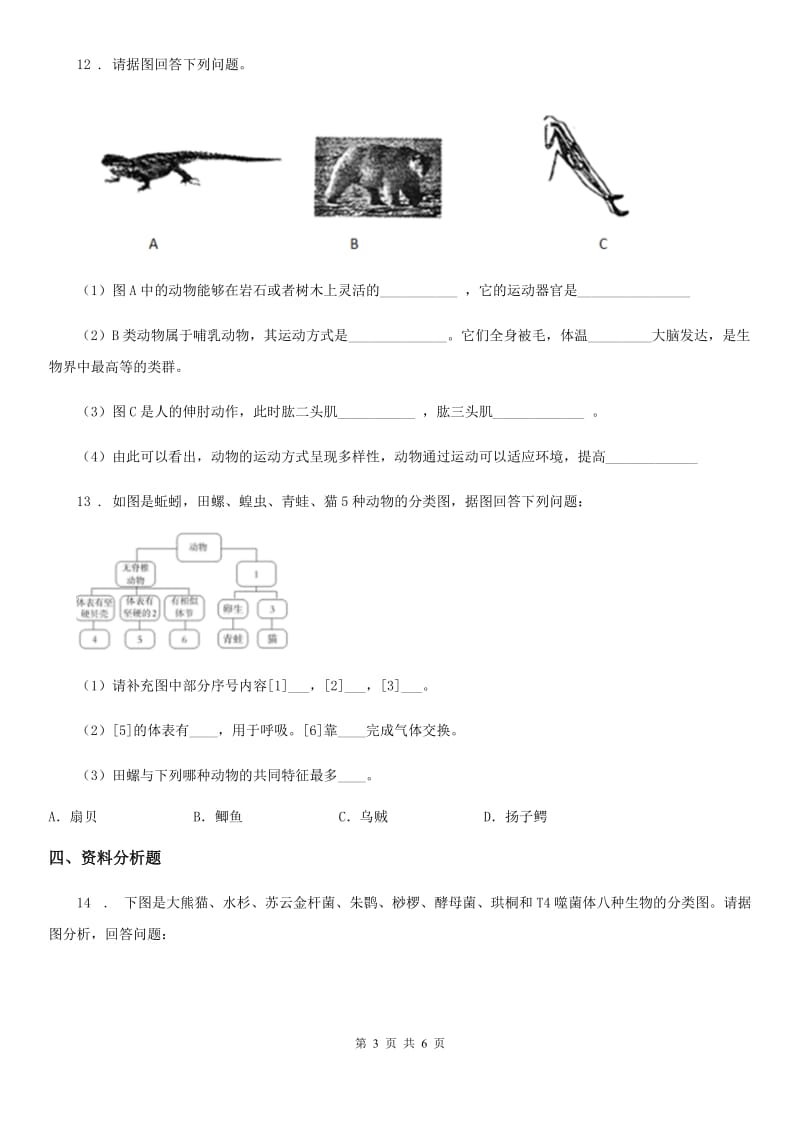 人教版八年级上册生物 第六单元第一章 根据生物的特征进行分类 单元检测_第3页