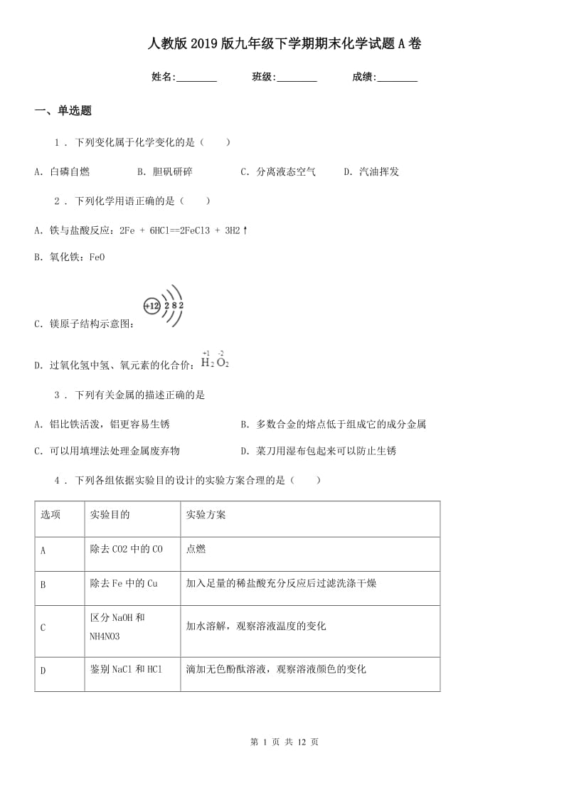 人教版2019版九年级下学期期末化学试题A卷_第1页