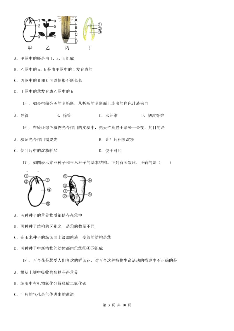 北师大版七年级上册生物 第三单元 生物圈中的绿色植物 综合练习题_第3页