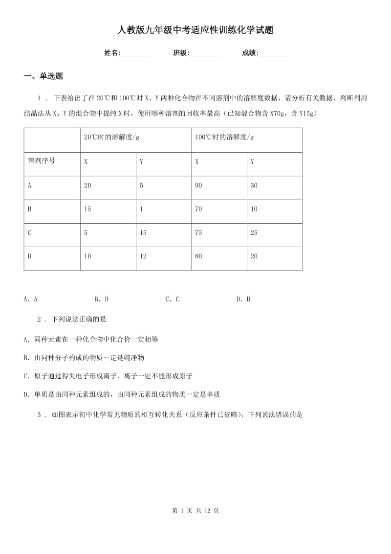 人教版九年级中考适应性训练化学试题_第1页