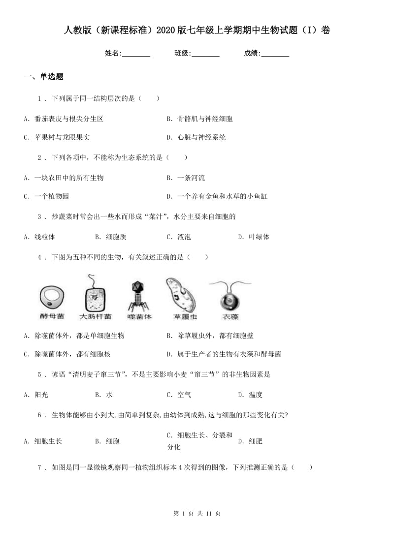 人教版（新课程标准）2020版七年级上学期期中生物试题（I）卷新编_第1页