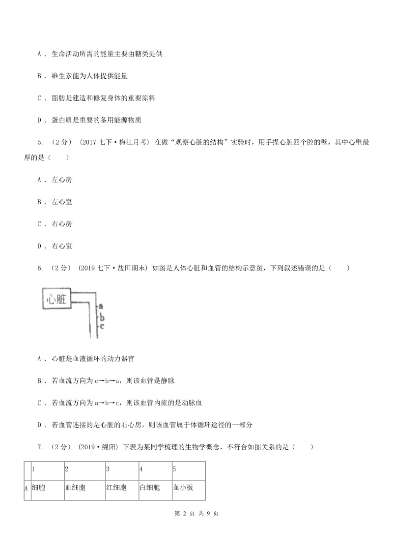 新人教版七年级下学期生物期中考试试卷（练习）_第2页