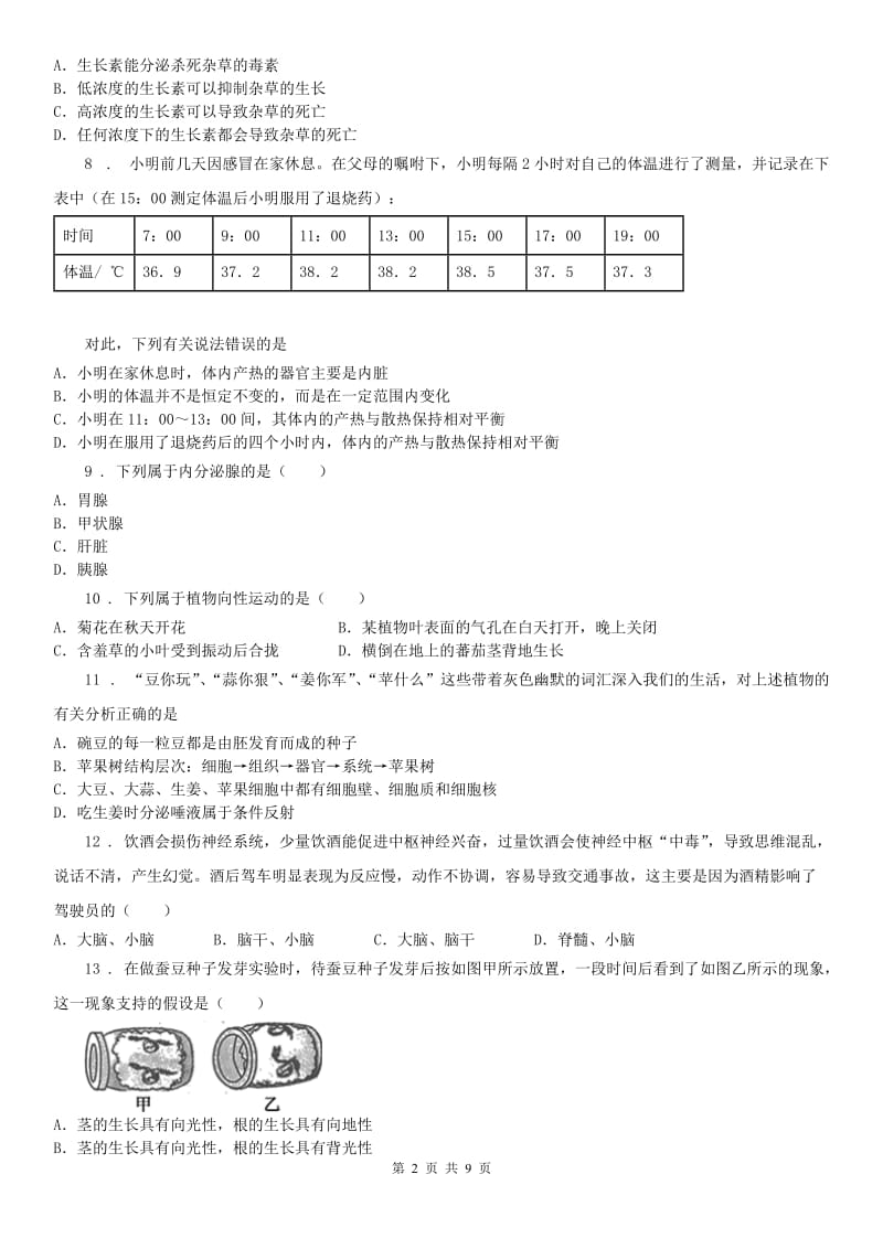 2019版浙教版八年级科学上册 第3章 生命活动的调节 检测题D卷_第2页