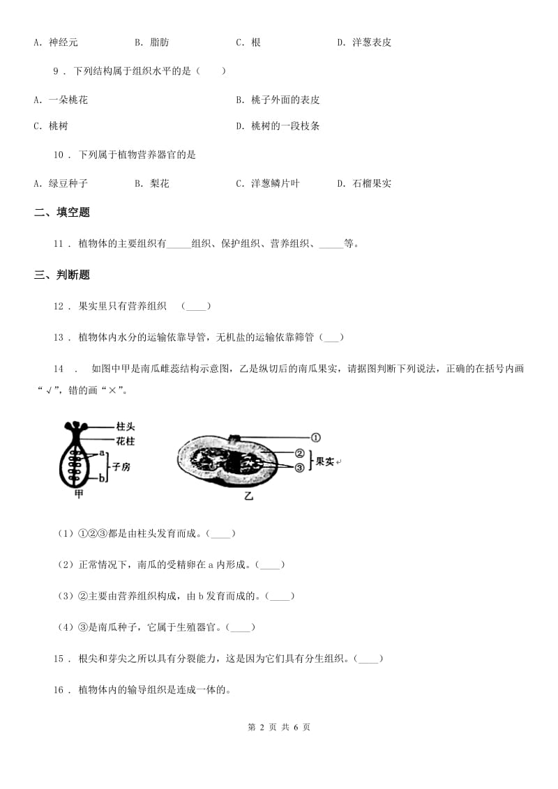 人教版（新课程标准）七年级上生物寒假作业-作业十一_第2页