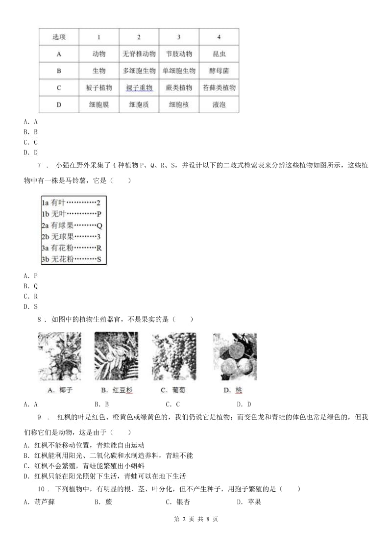 2019版浙教版七年级上册同步练习_2.5 常见的植物（1）科学试卷D卷_第2页