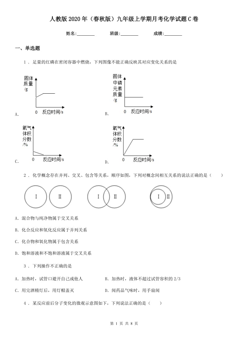 人教版2020年（春秋版）九年级上学期月考化学试题C卷(模拟)_第1页