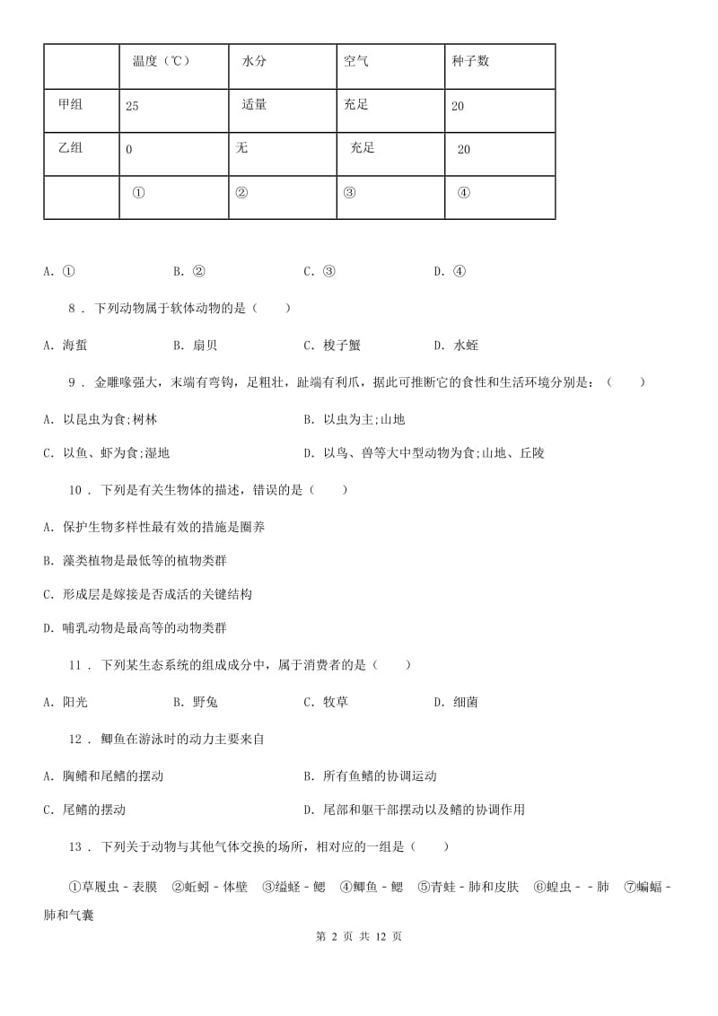 人教版（新课程标准）2019年八年级10月月考生物试题D卷_第2页