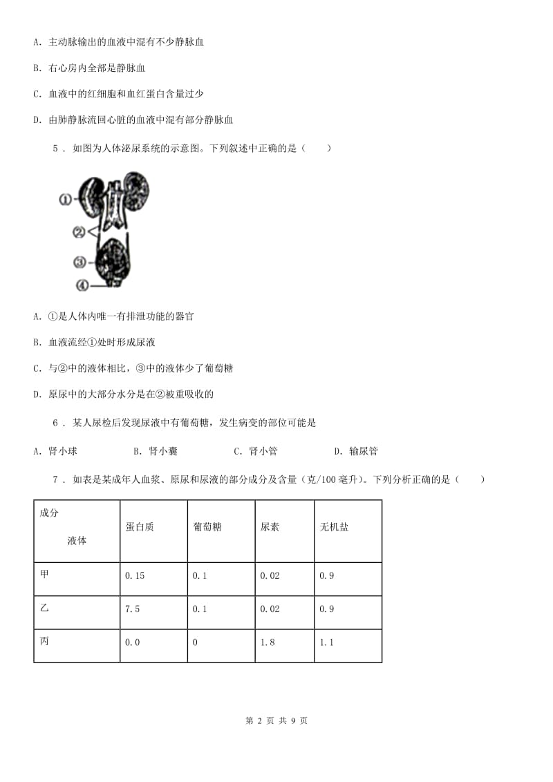 济南版七年级下册生物 第四章 人体内废物的排除 章节检测题_第2页