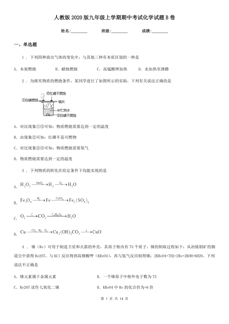 人教版2020版九年级上学期期中考试化学试题B卷(模拟)_第1页