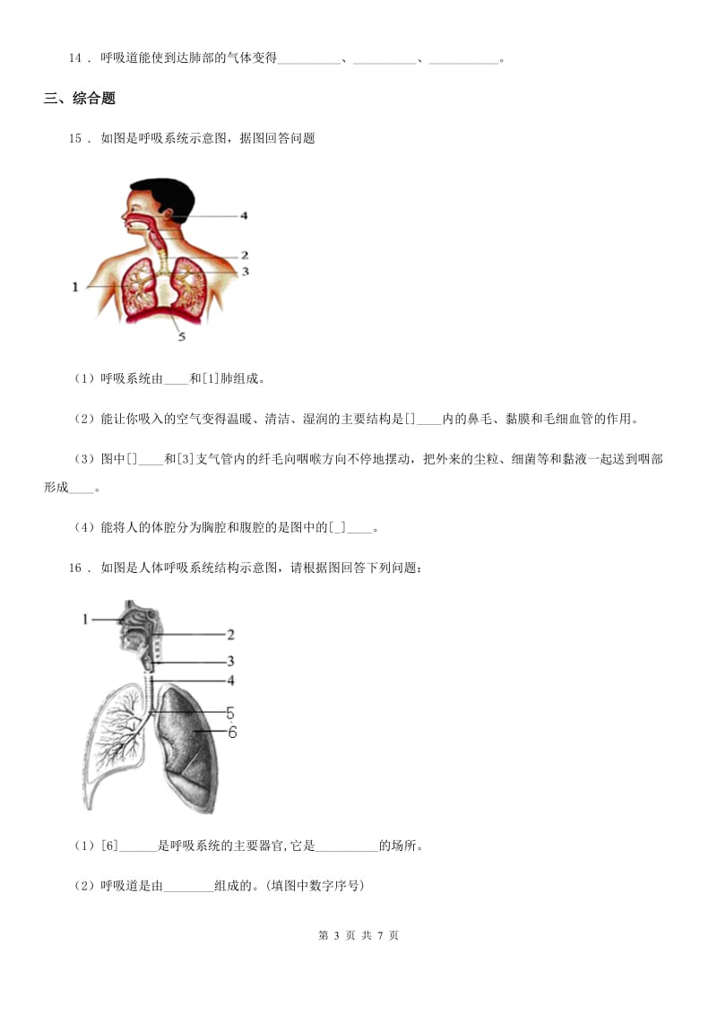 北师大版七年级下册生物 10.2人体细胞获得氧气的过程 练习题_第3页