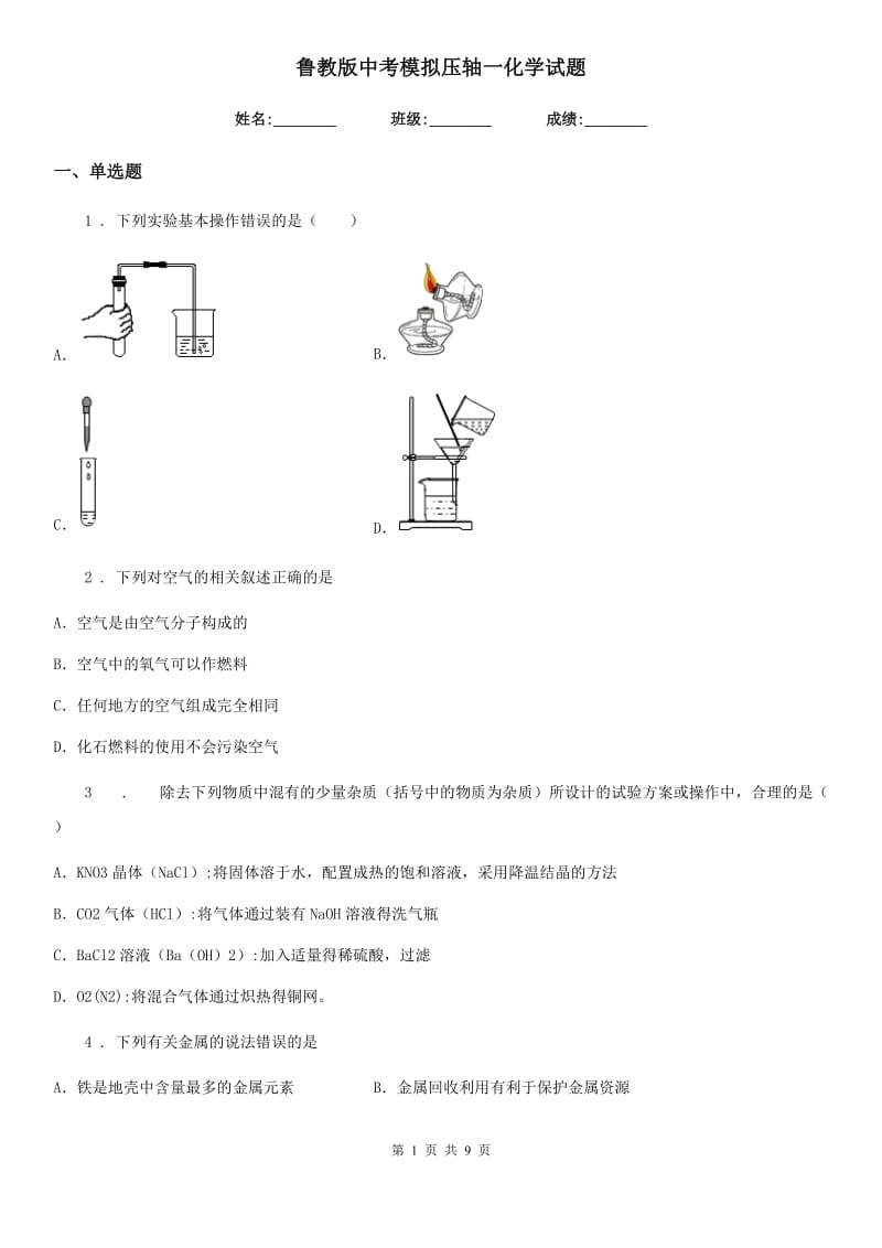 鲁教版中考模拟压轴一化学试题_第1页