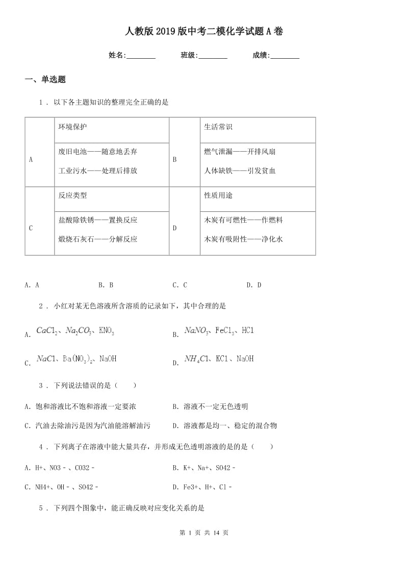 人教版2019版中考二模化学试题A卷(模拟)_第1页