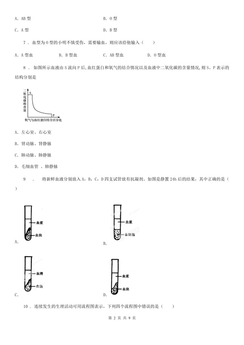 鲁教版（五四制）六年级上册生物 第四单元 第四章 人体内物质的运输 单元巩固练习题_第2页