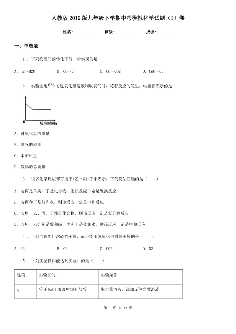 人教版2019版九年级下学期中考模拟化学试题（I）卷（练习）_第1页