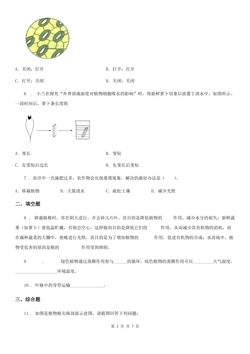 人教版生物七年级上册《3.3绿色植物与生物圈的水循环》测试题_第2页