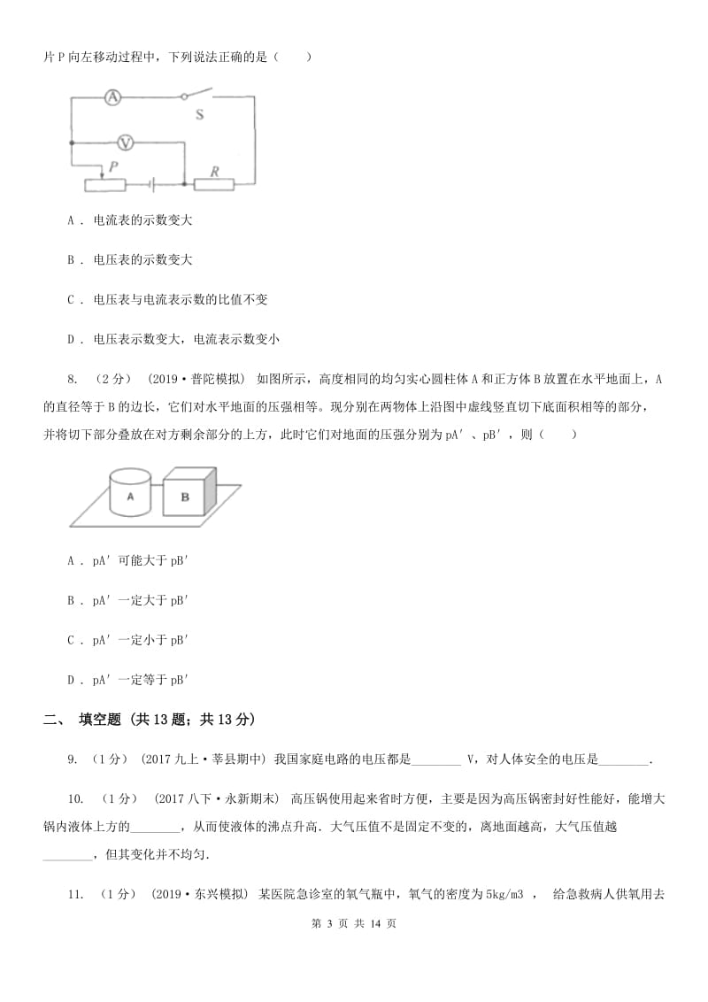 人教版九年级下学期中考物理一模试卷_第3页