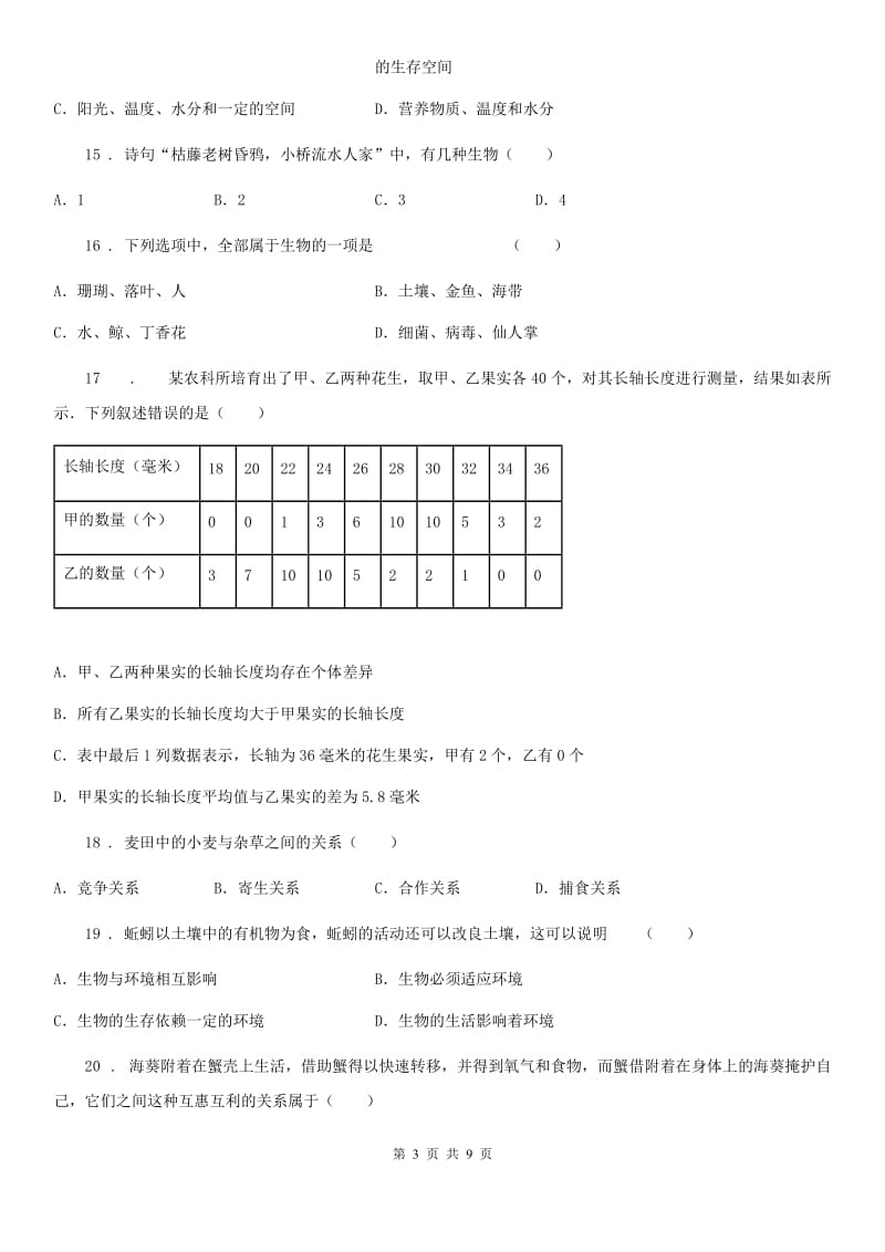 人教版（新课程标准）2020年七年级上学期第一次月考生物试题C卷_第3页