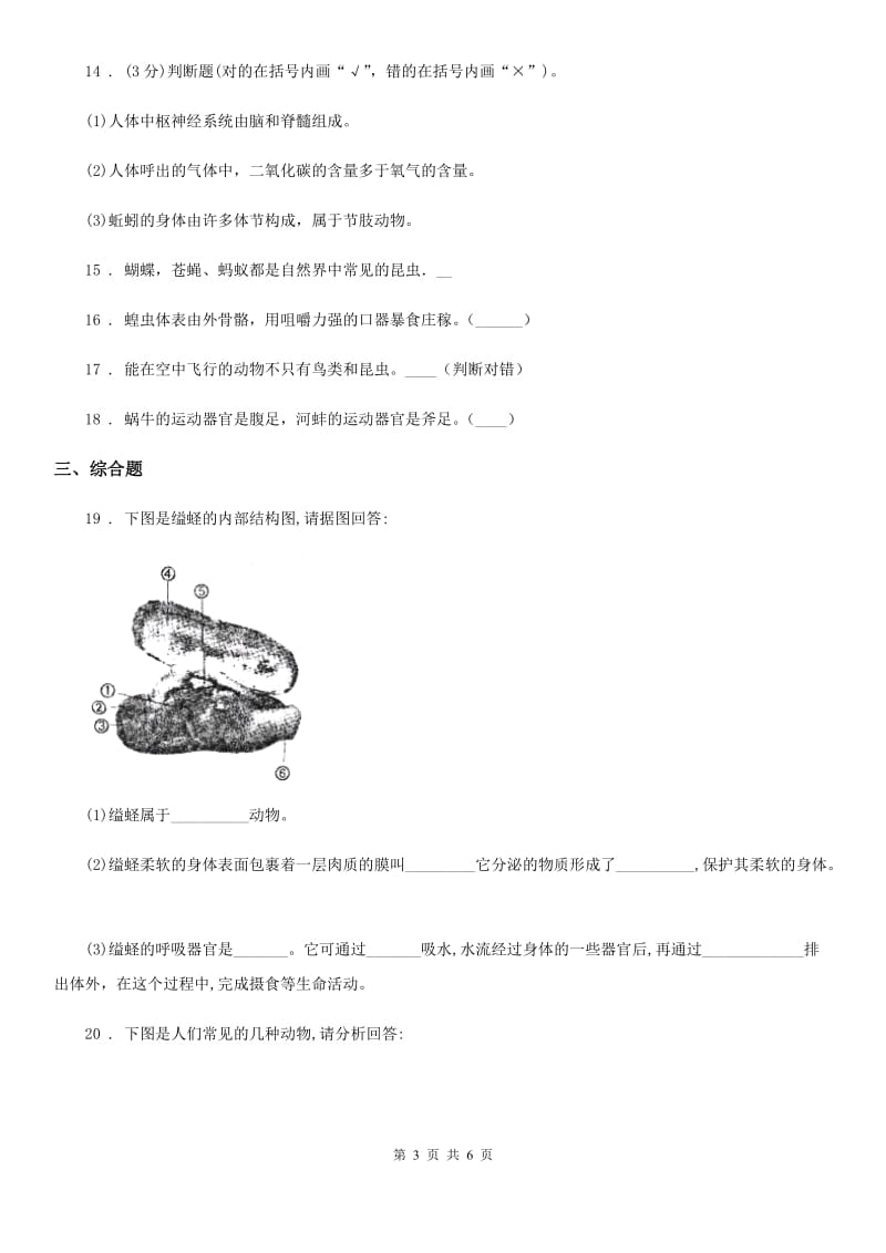 人教版（新课程标准）八年级上生物寒假作业-作业三_第3页