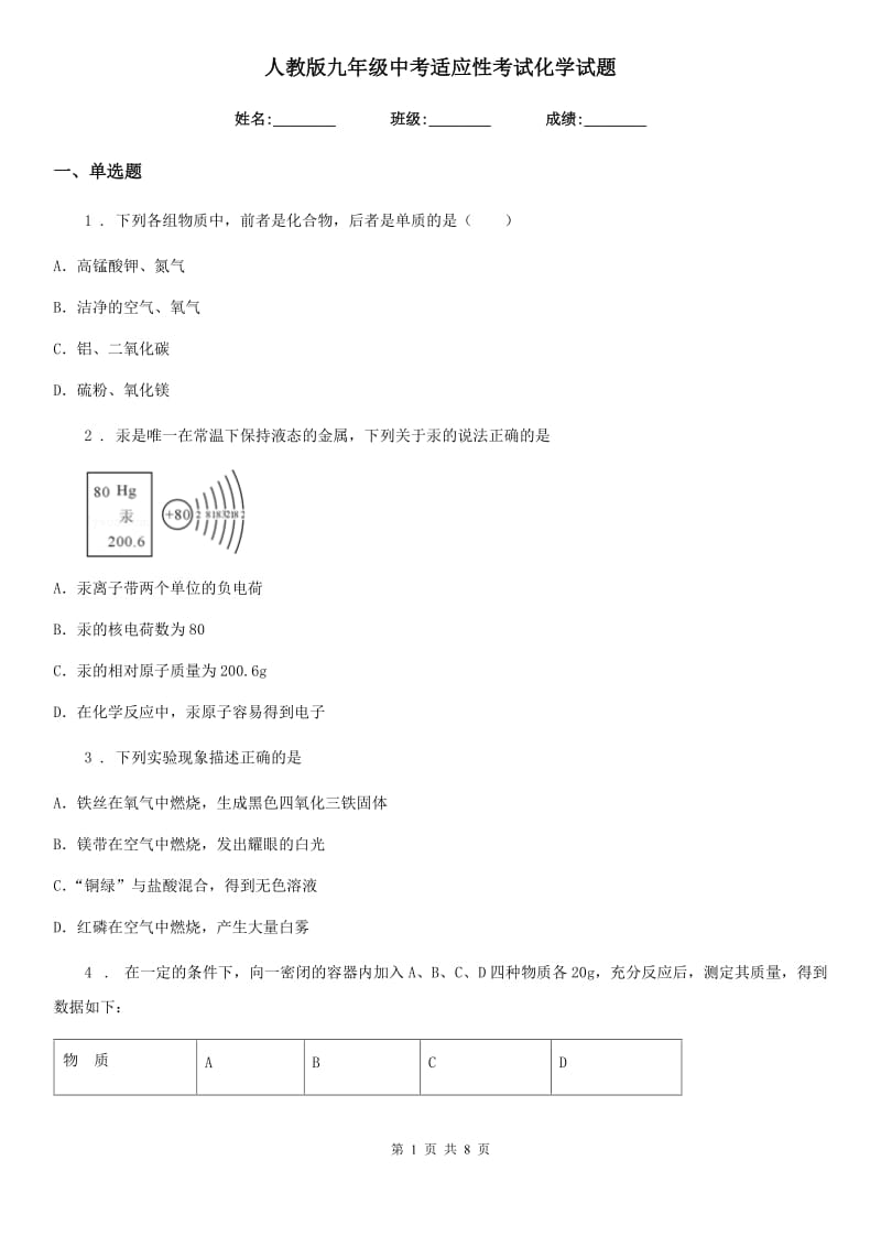 人教版九年级中考适应性考试化学试题_第1页