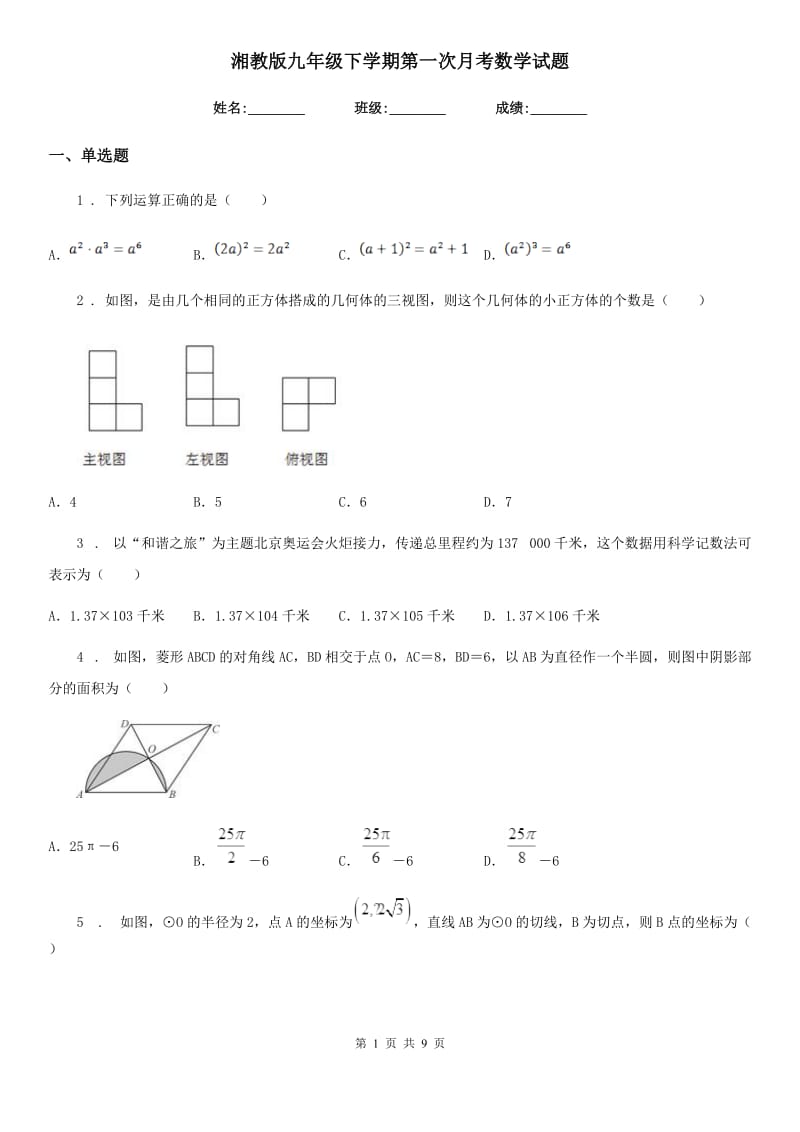 湘教版九年级下学期第一次月考数学试题_第1页