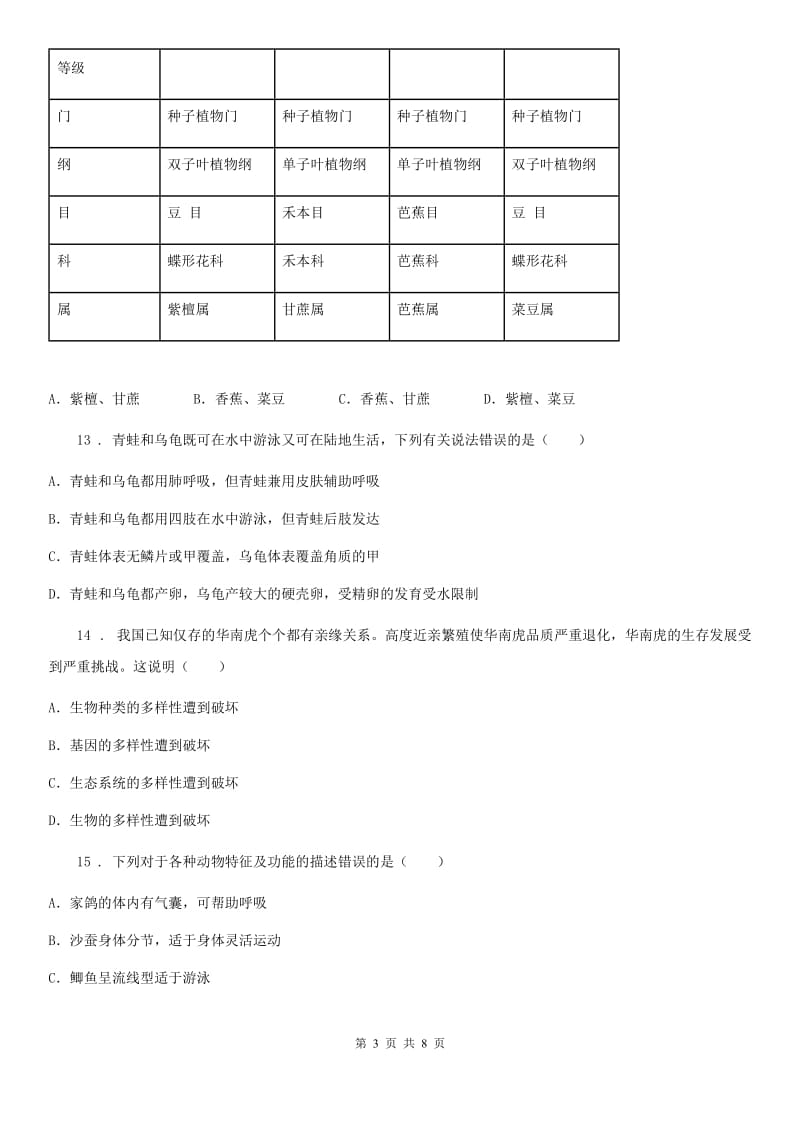 人教版（新课程标准）2019-2020学年八年级上学期第一次月考生物试题（II）卷(模拟)_第3页