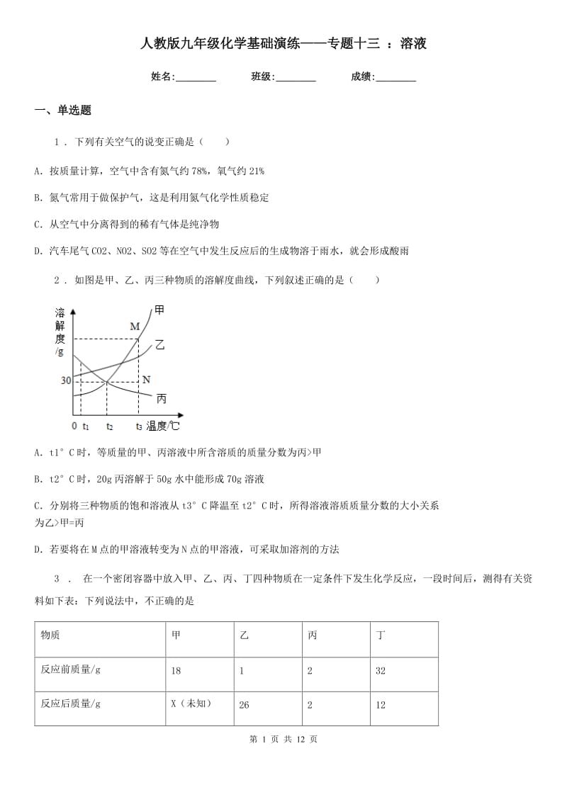 人教版九年级化学基础演练——专题十三 ：溶液_第1页