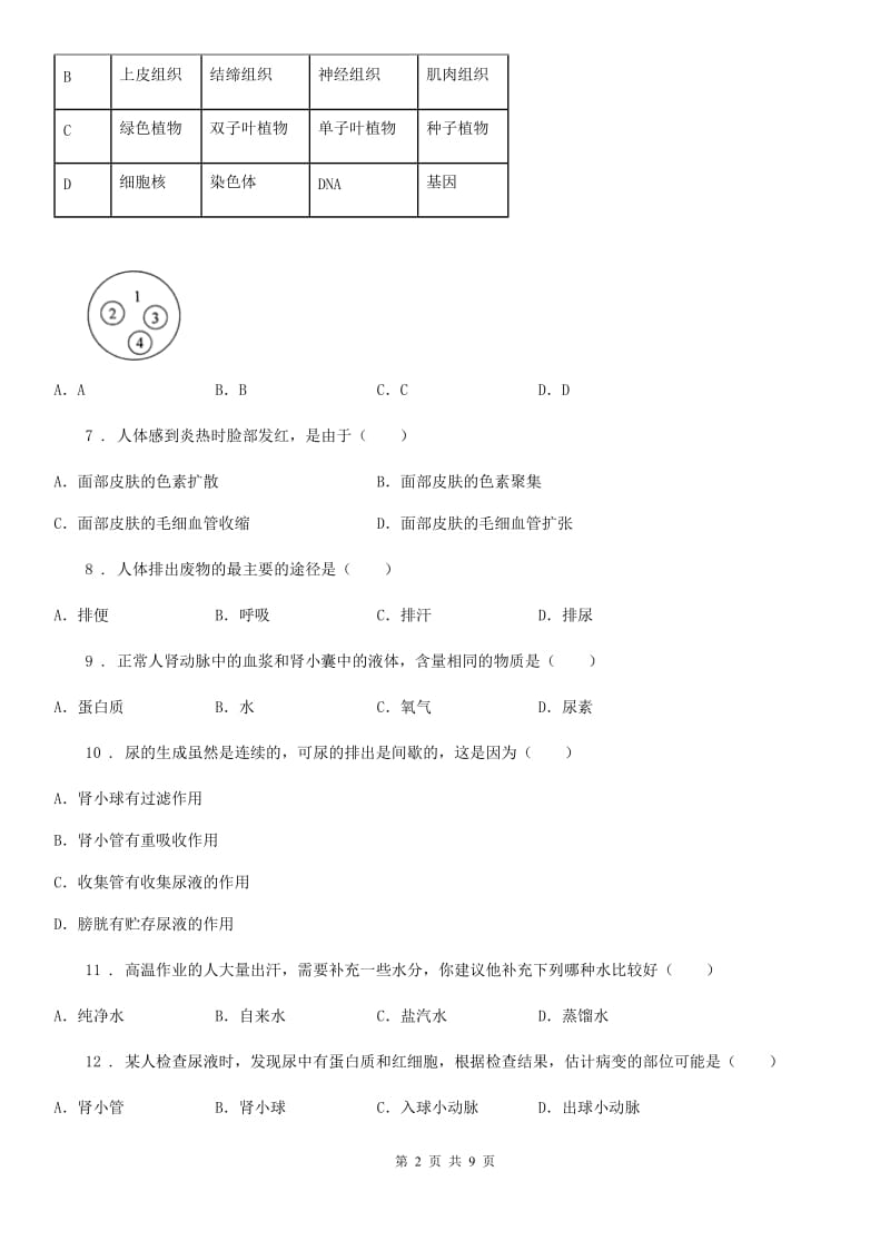 北师大版七年级下册生物 第11章 人体代谢废物的排出 章节检测题_第2页