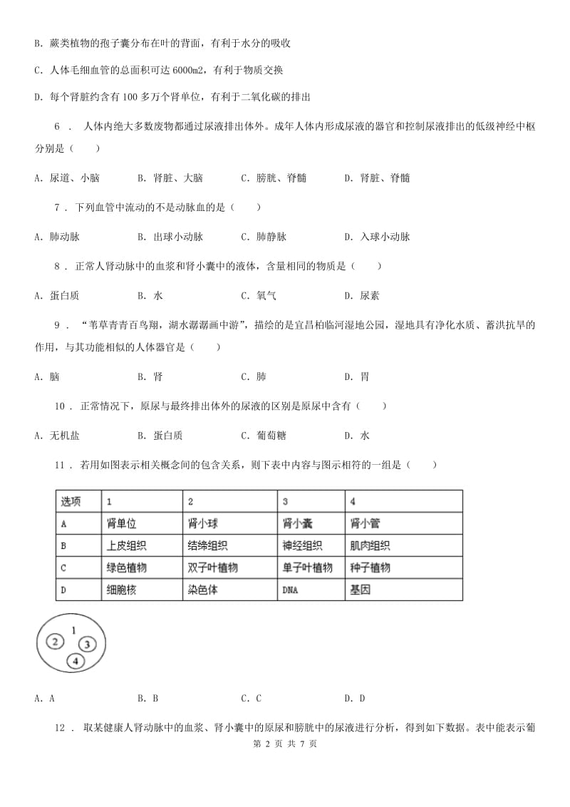 冀教版七年级下册生物 2.3.2排泄 练习题_第2页