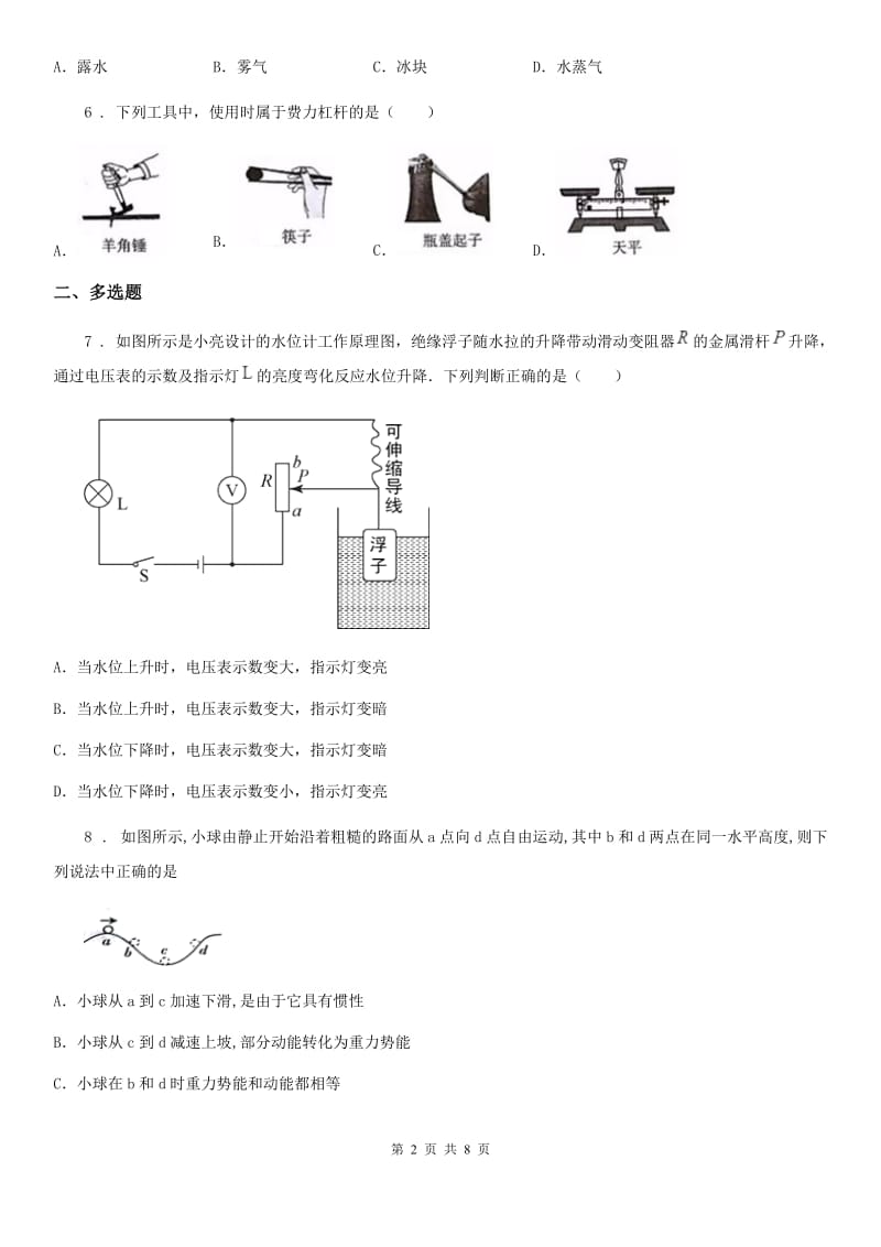 江苏科技版中考三模物理试题（练习）_第2页