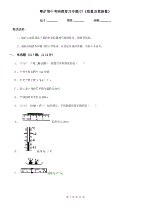 粵滬版中考物理復習專題07《質量及其測量》