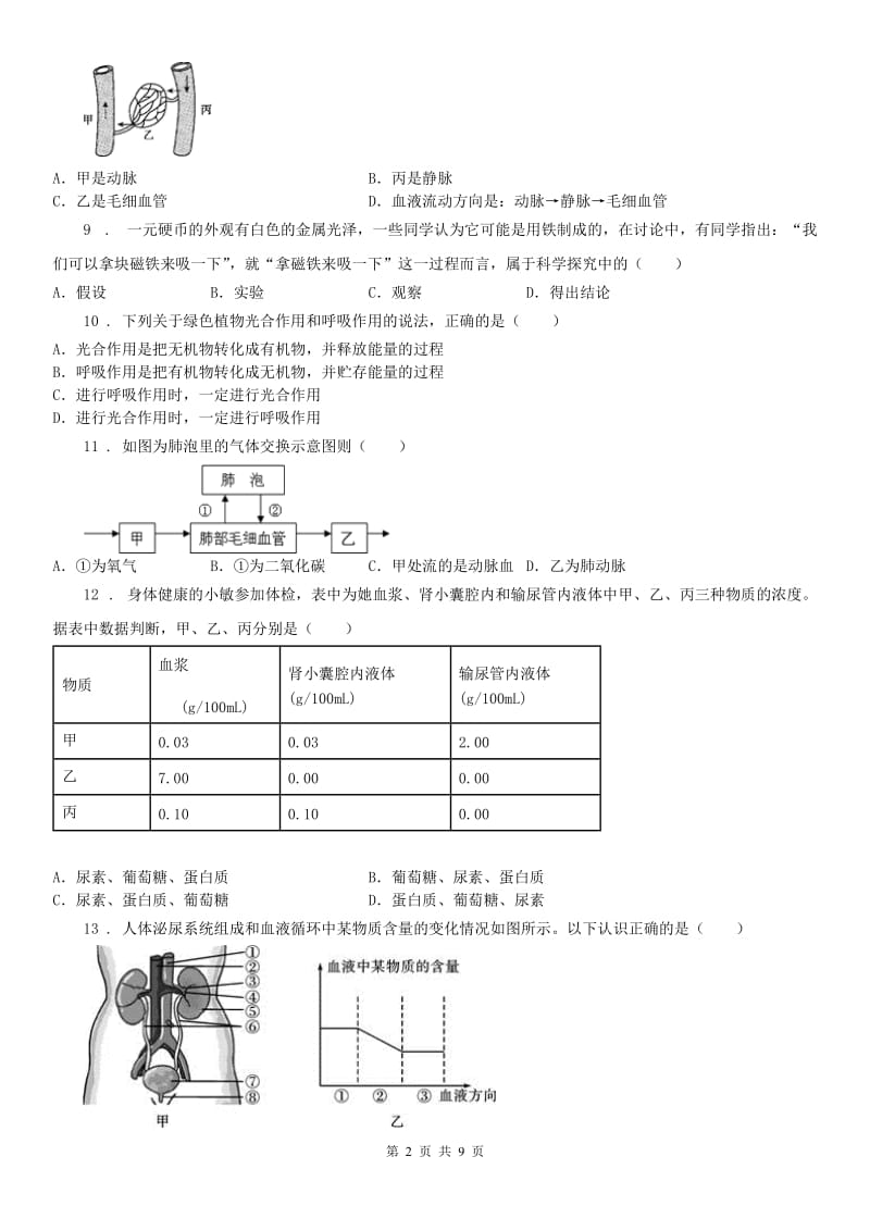 华东师大版九年级上册科学：第四章 代谢与平衡 单元测试（含答案）_第2页