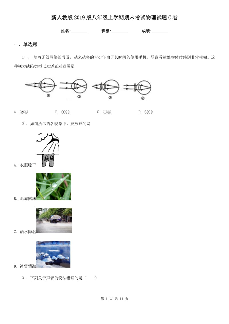 新人教版2019版八年级上学期期末考试物理试题C卷（模拟）_第1页