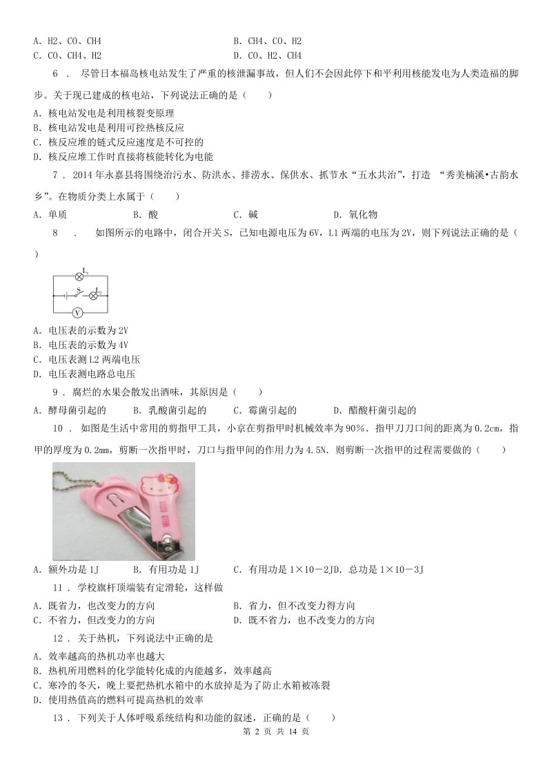 华东师大版2020版九年级上学期期末科学试题D卷_第2页