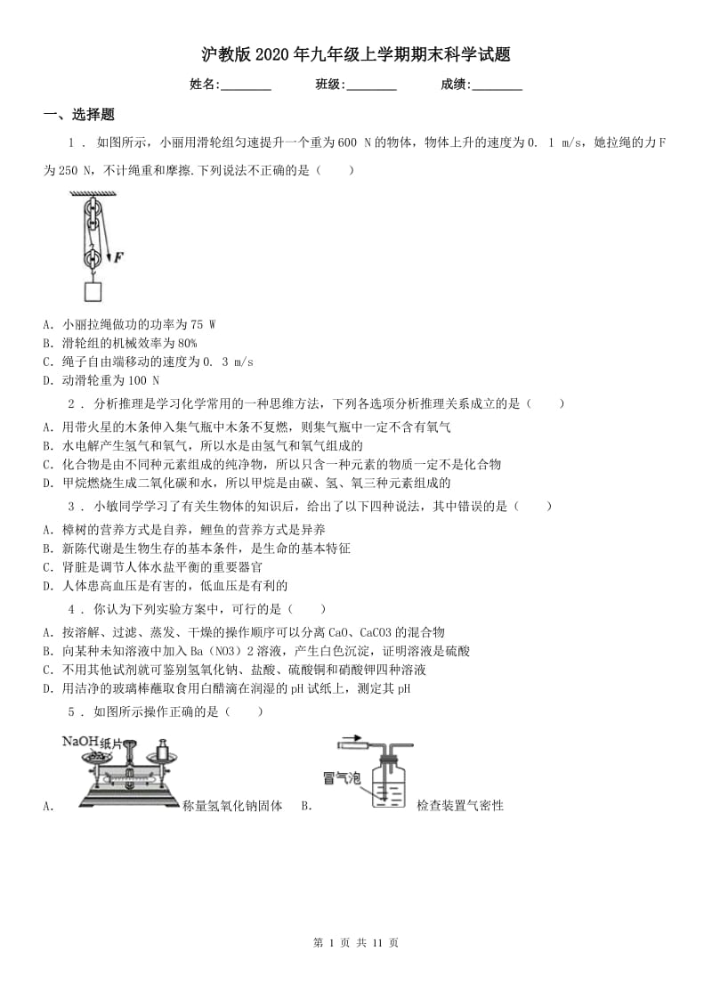 沪教版2020年九年级上学期期末科学试题（模拟）_第1页