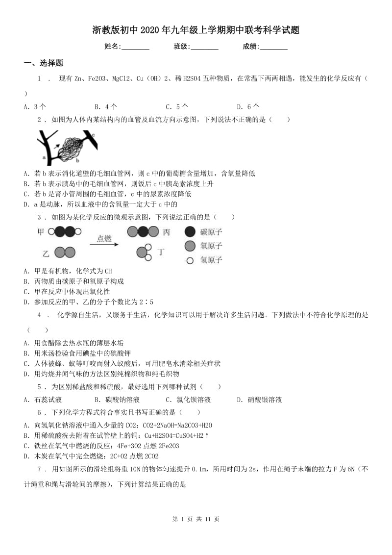 浙教版初中2020年九年级上学期期中联考科学试题_第1页