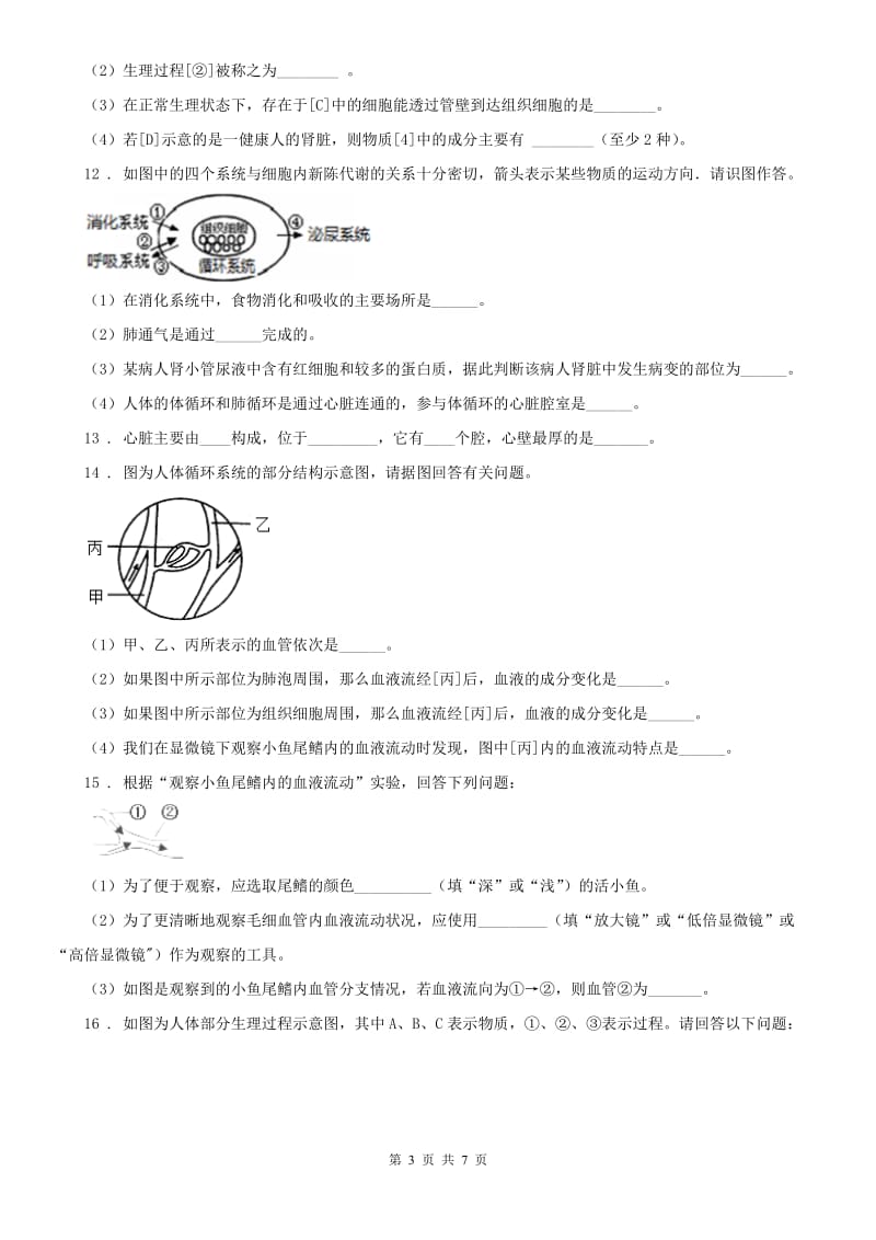 华师大版八年级上册同步自测：5.3人体内物质的运输科学试卷_第3页