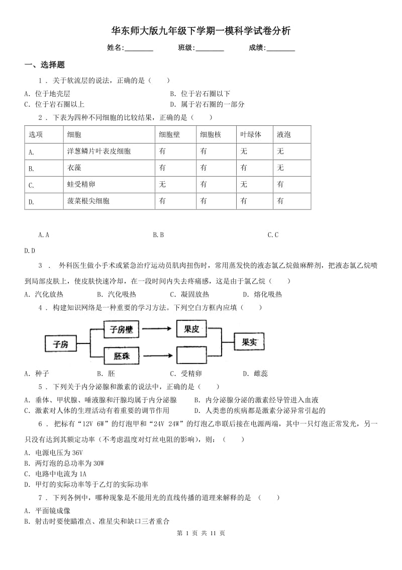 华东师大版九年级下学期一模科学试卷分析_第1页