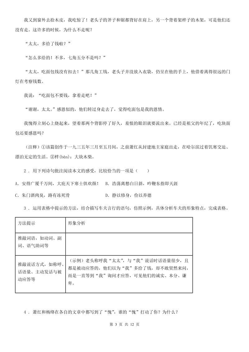 人教版2019年九年级毕业升学模拟考试语文试题A卷_第3页