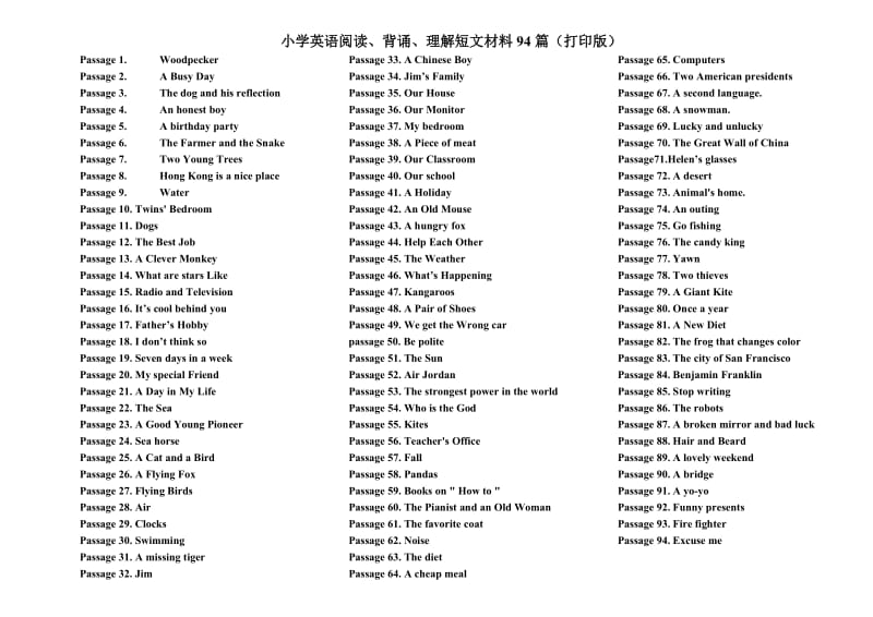 小学英语阅读、背诵、理解短文材料94篇(打印版)_第1页