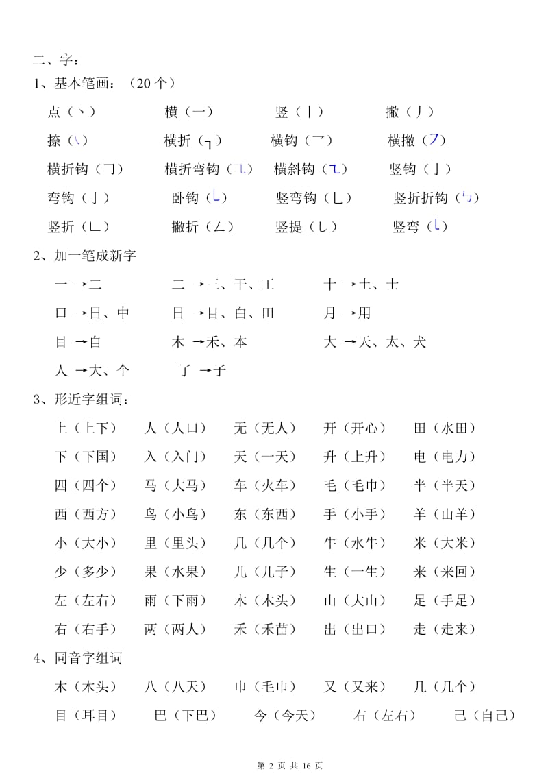 小学一年级语文全(上、下)册复习提纲_第2页