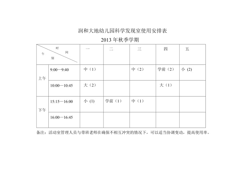 幼儿园功能室使用安排表_第1页